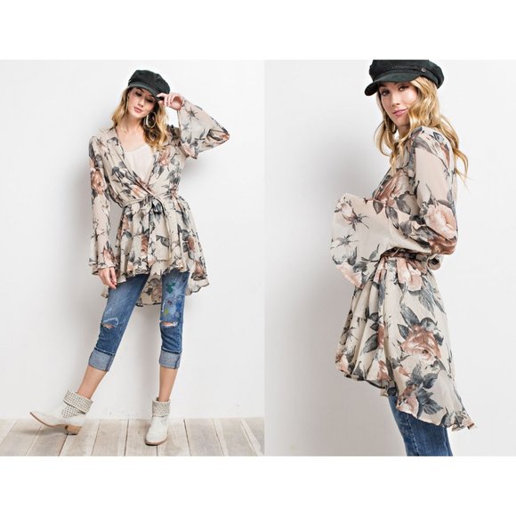 easel Other - 🔥SALE🔥Women's Floral Print Chiffon Cardigan With Waist Tie (NATURAL)